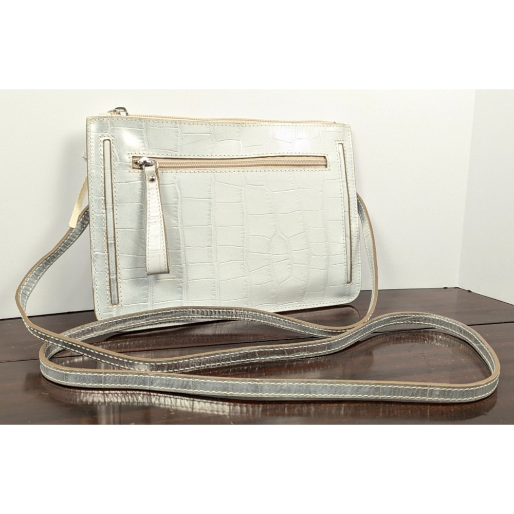 Valentina Off White Croc Embossed Leather Crossbody Bag Made In Italy Silver